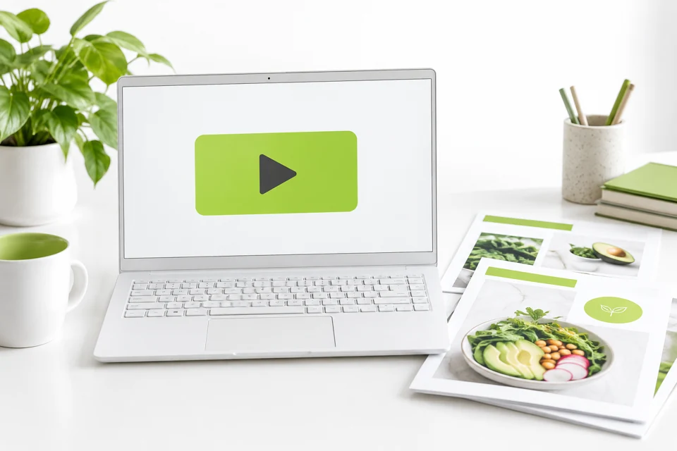 Laptop z symbolem odtwarzania kursu i materiały