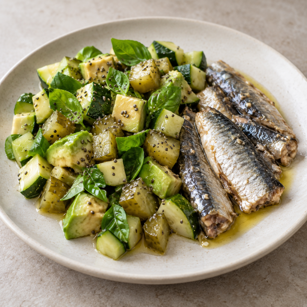 Sardine con insalata cruda di zucchine, avocado e chia — Illustrazione generata con IA per MyTrela. Proposta di presentazione.