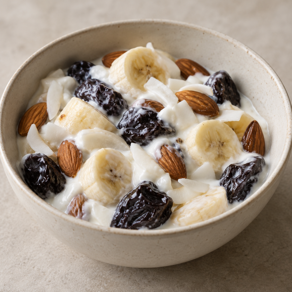 Yogurt con banana, prugne, mandorle e cocco — Illustrazione generata con IA per MyTrela. Proposta di presentazione.