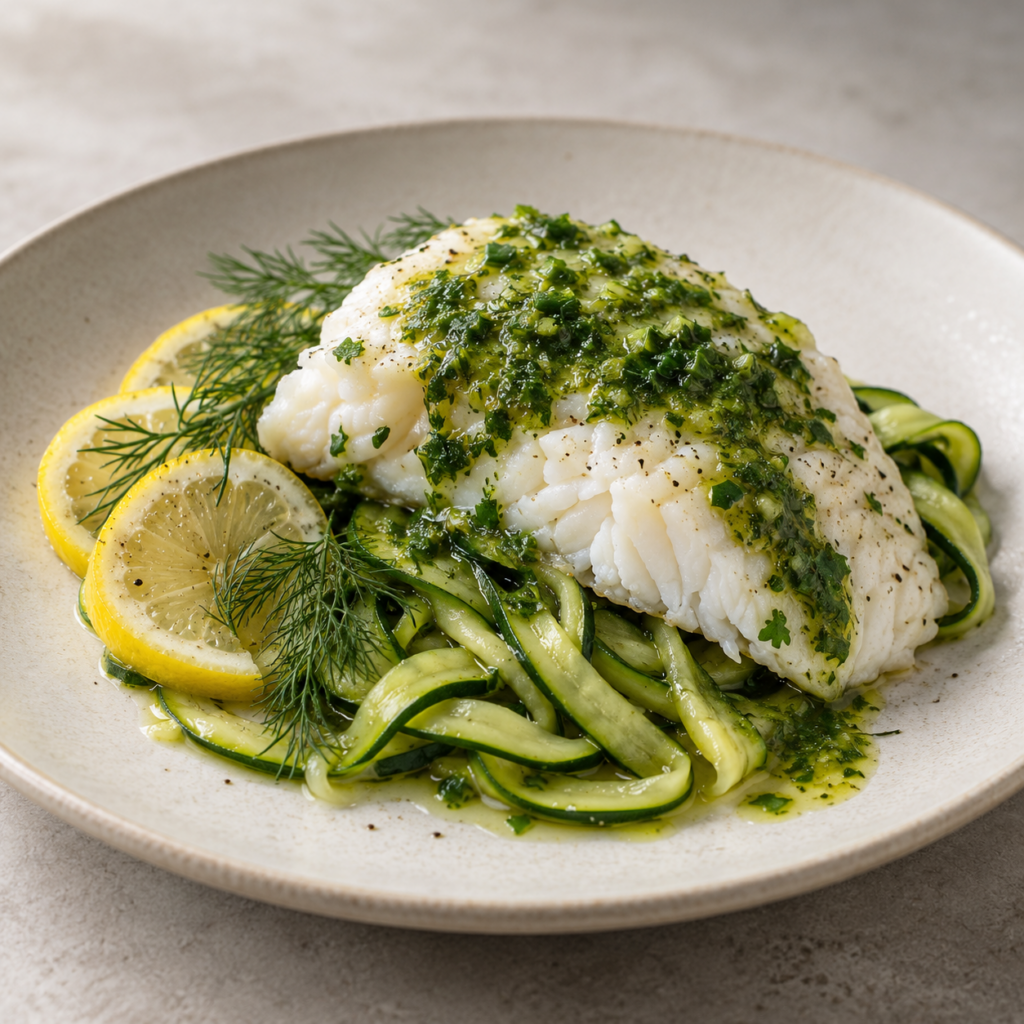 Cabillaud sur courgette, sauce verte — Illustration générée par IA pour MyTrela. Suggestion de présentation.