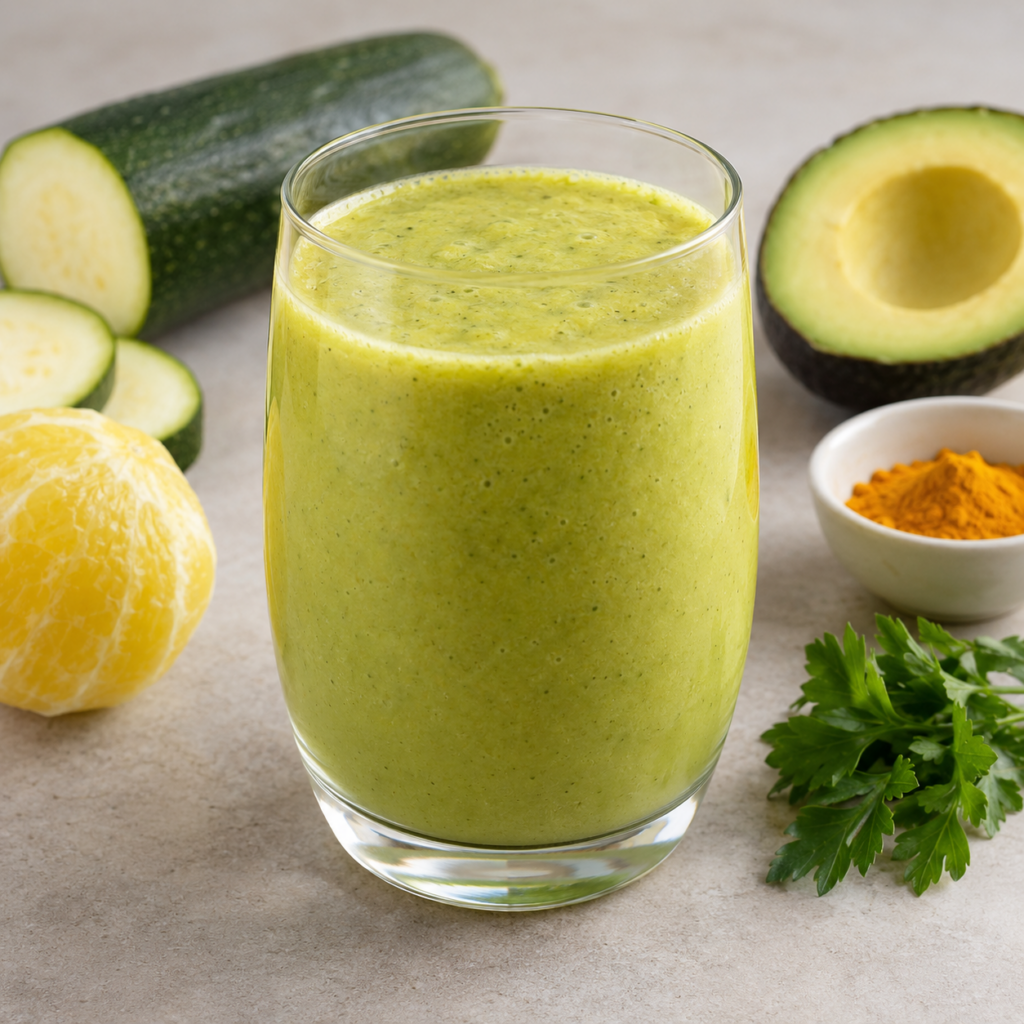 Smoothie de courgette pelée, avocat et curcuma — Illustration générée par IA pour MyTrela. Suggestion de présentation.