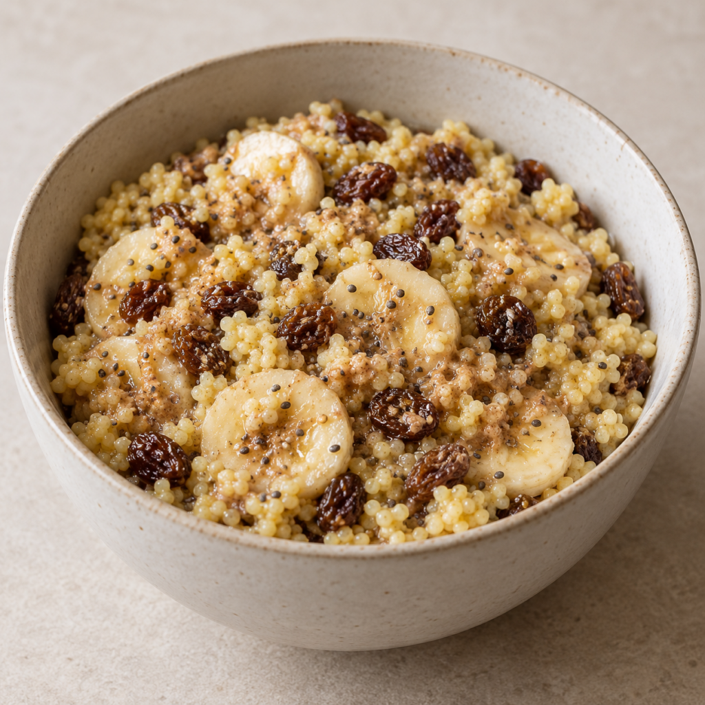 Porridge di miglio con banana, chia e crema di mandorle — Illustrazione generata con IA per MyTrela. Proposta di presentazione.