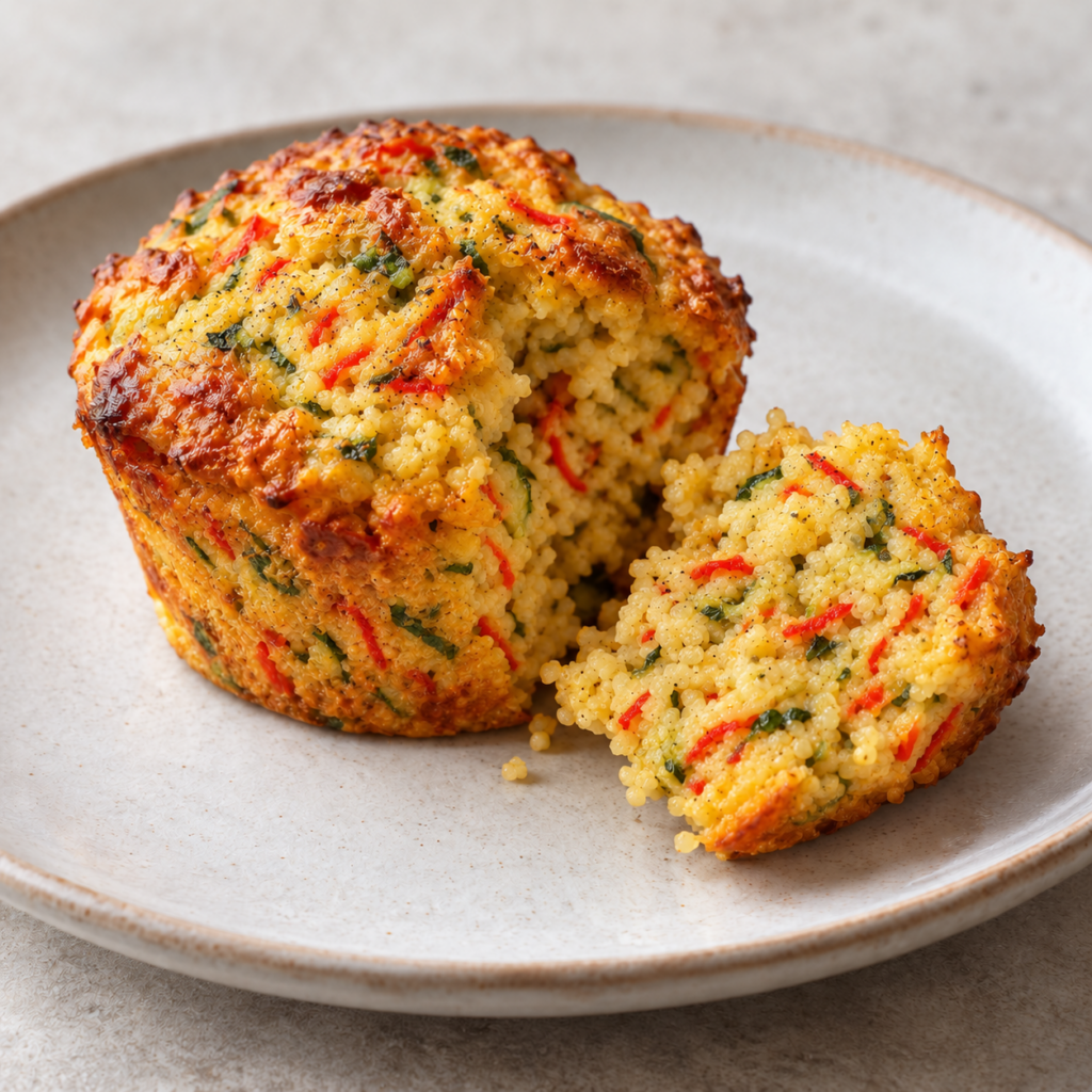 Muffin di miglio, zucchine e peperone — Illustrazione generata con IA per MyTrela. Proposta di presentazione.