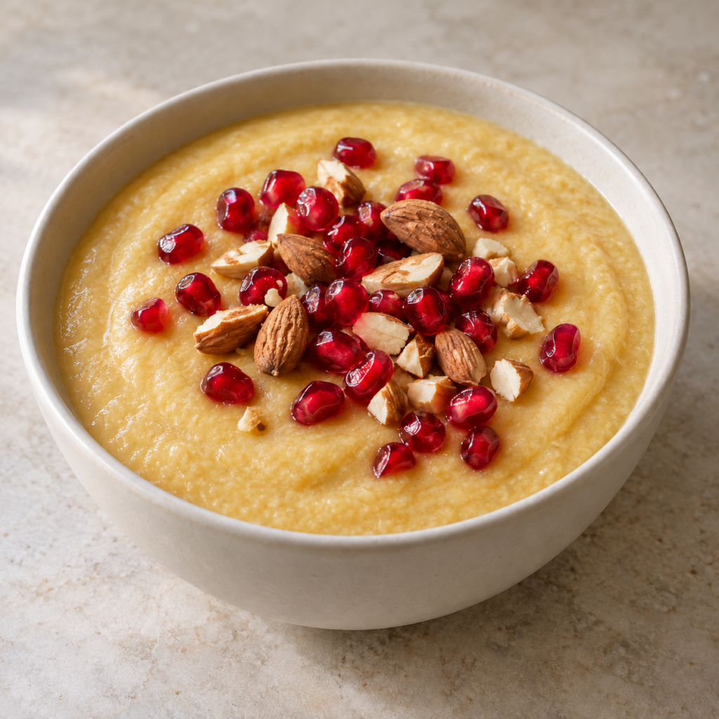 Pudding de millet mixé à la mangue, à la pomme et à la grenade — Illustration générée par IA pour MyTrela. Suggestion de présentation.