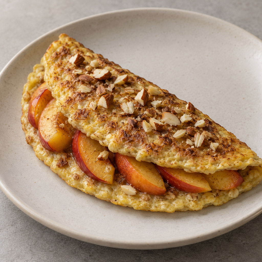 Omelette d'avena ripiegata con nettarina e mandorle — Illustrazione generata con IA per MyTrela. Proposta di presentazione.