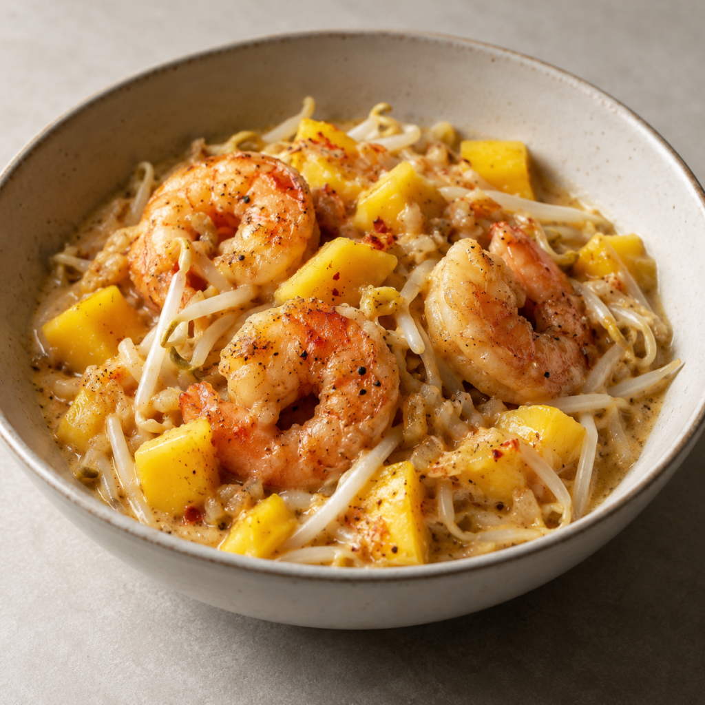 Gamberi con mango e germogli in salsa di cocco — Illustrazione generata con IA per MyTrela. Proposta di presentazione.