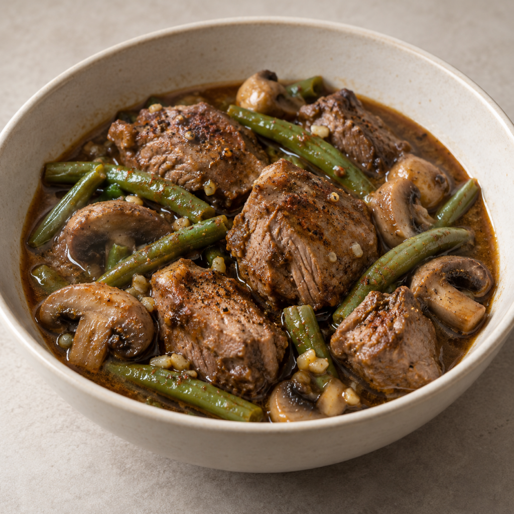 Filetto di cinghiale stufato con champignon e fagiolini — Illustrazione generata con IA per MyTrela. Proposta di presentazione.