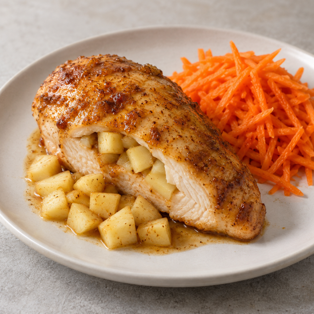 Poulet farci à la pomme, au miel et au piment — Illustration générée par IA pour MyTrela. Suggestion de présentation.