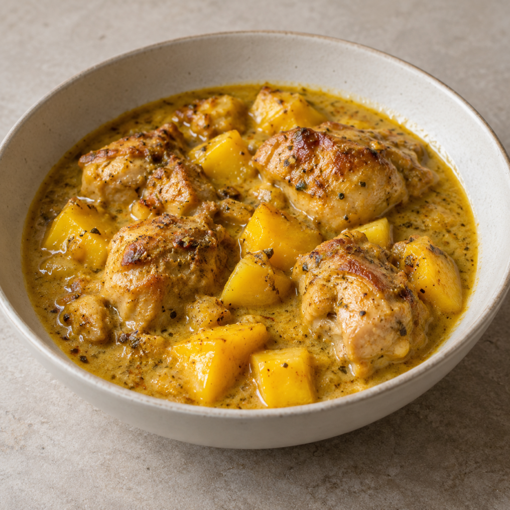 Bocconcini di coscia di pollo con mango e latte di cocco — Illustrazione generata con IA per MyTrela. Proposta di presentazione.