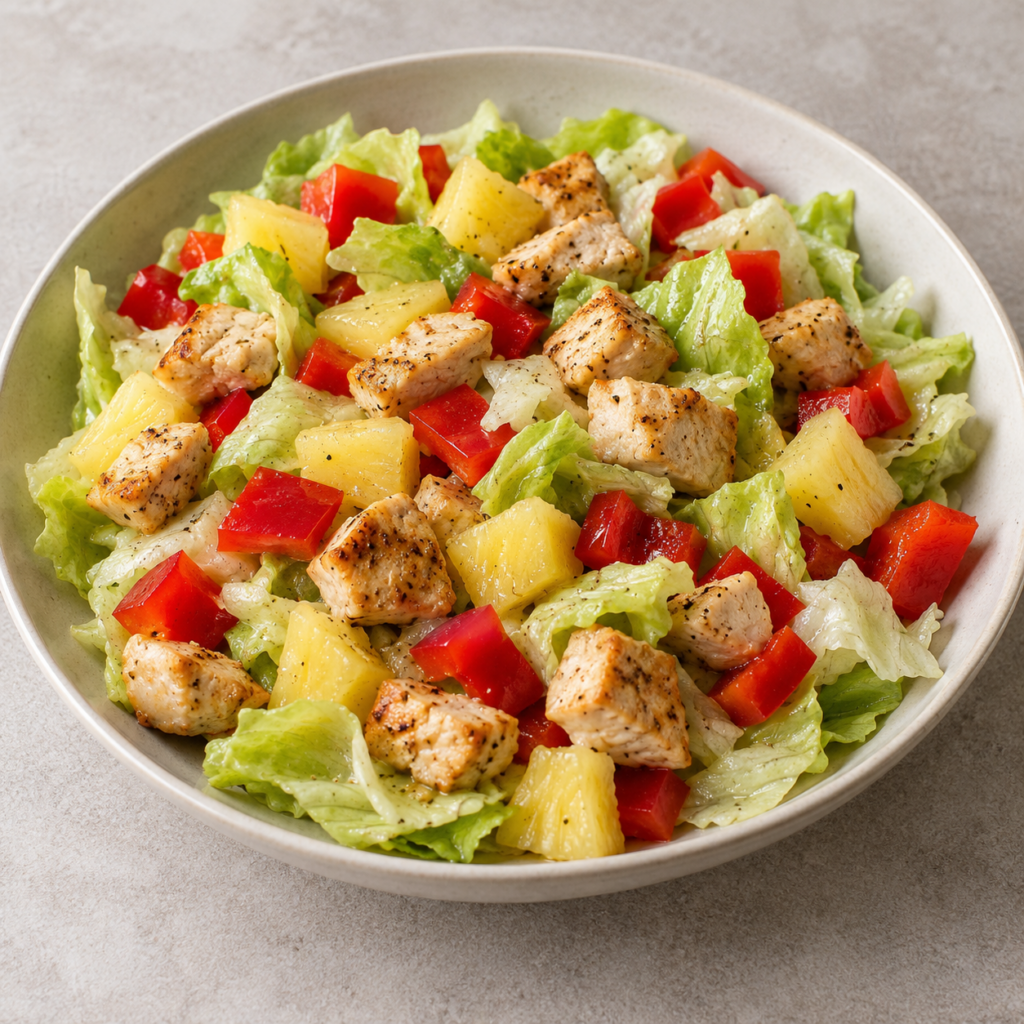 Insalata iceberg con pollo, ananas e peperone — Illustrazione generata con IA per MyTrela. Proposta di presentazione.