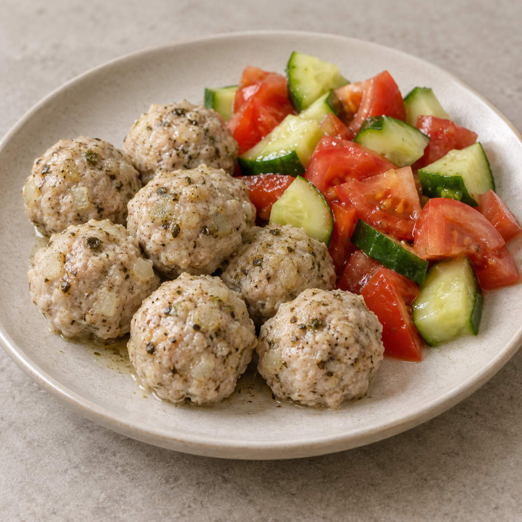 Polpette di tacchino lessate con insalata di pomodori e cetrioli — Illustrazione generata con IA per MyTrela. Proposta di presentazione.