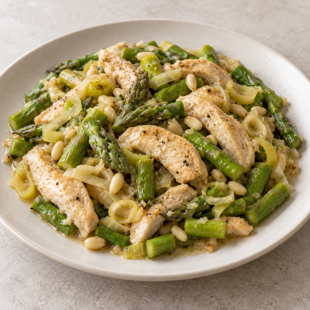 Poulet mijoté au poireau, asperges et pignons — Illustration générée par IA pour MyTrela. Suggestion de présentation.