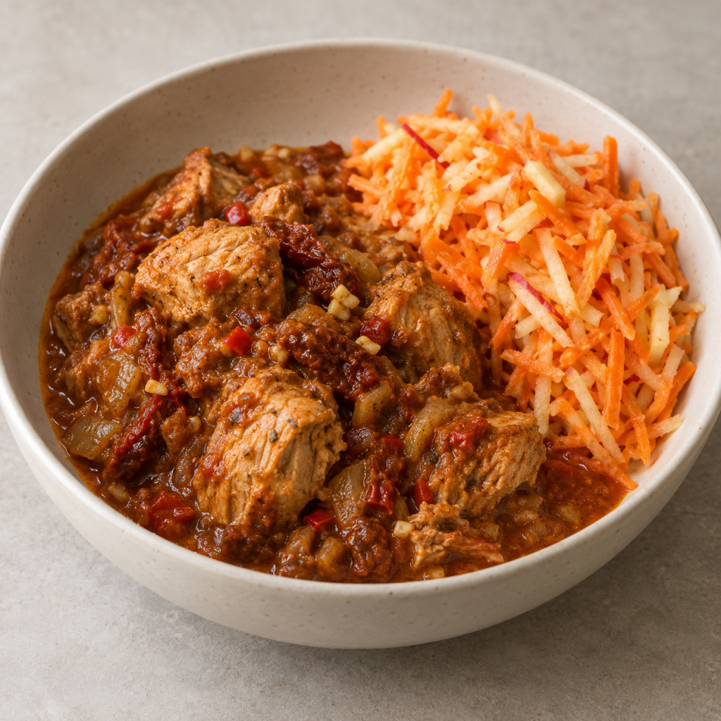 Tacchino al curry e pomodoro con insalata di carote e mele — Illustrazione generata con IA per MyTrela. Proposta di presentazione.