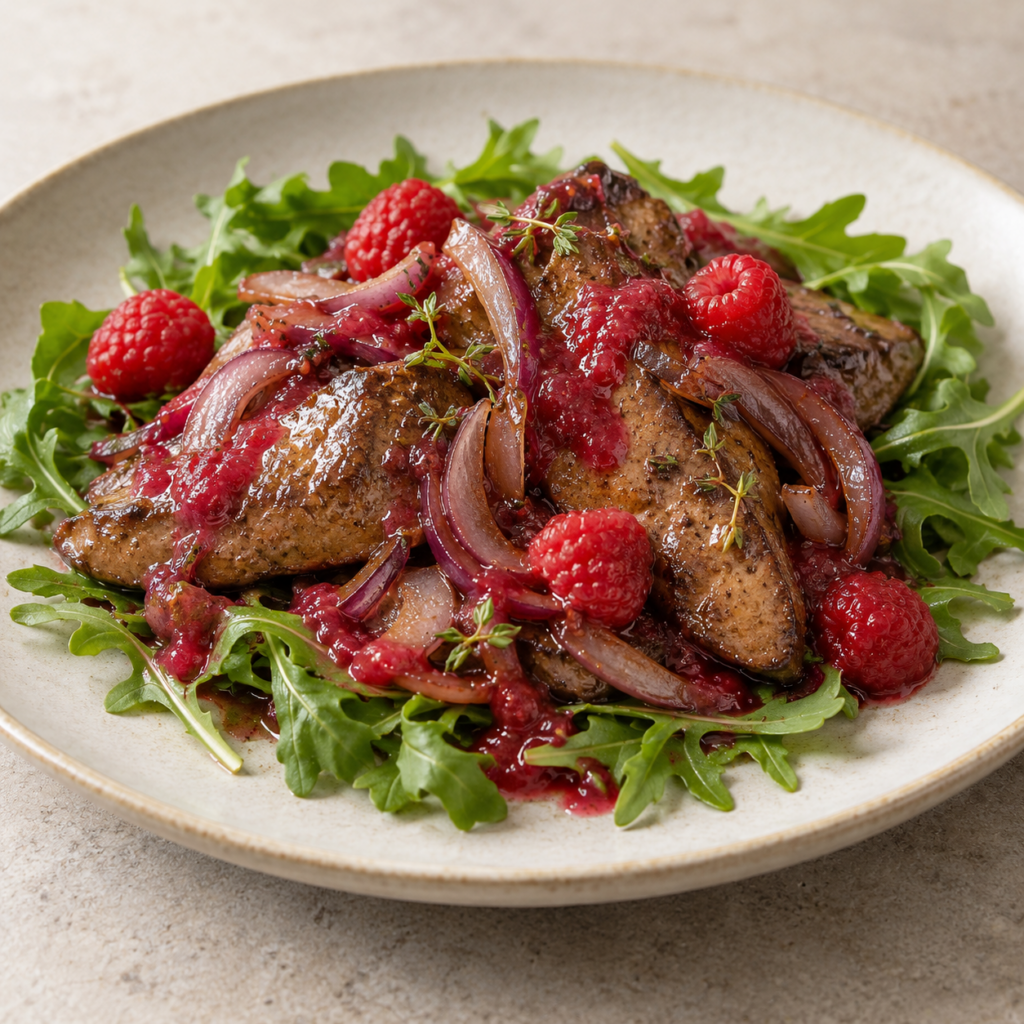 Foie de veau, sauce framboise et roquette — Illustration générée par IA pour MyTrela. Suggestion de présentation.