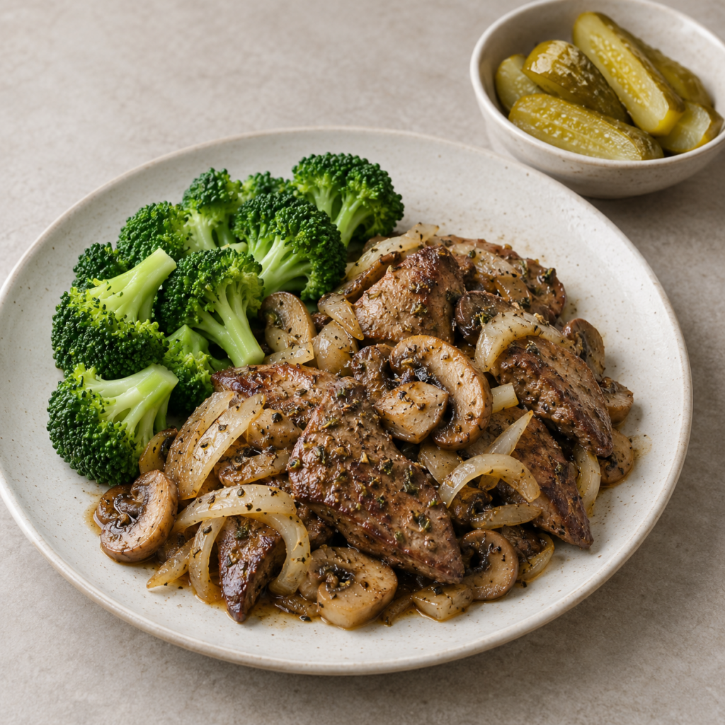 Fegato di vitello con champignon, broccoli e dragoncello — Illustrazione generata con IA per MyTrela. Proposta di presentazione.