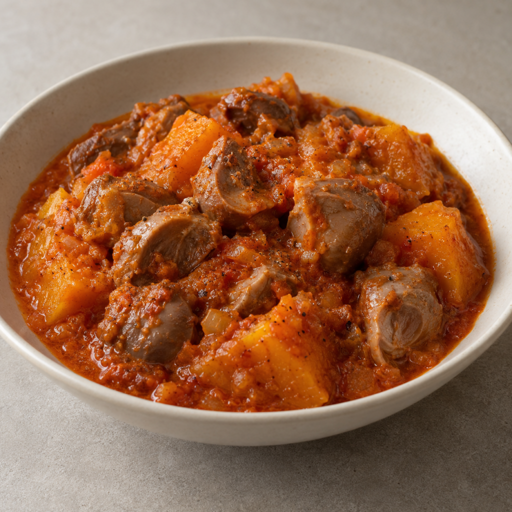 Braised turkey gizzards with pumpkin in vegetable sauce — AI-generated illustration for MyTrela. Serving suggestion.