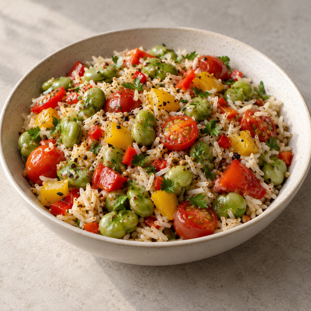 Riz jasmin aux fèves, aux poivrons et aux tomates — Illustration générée par IA pour MyTrela. Suggestion de présentation.