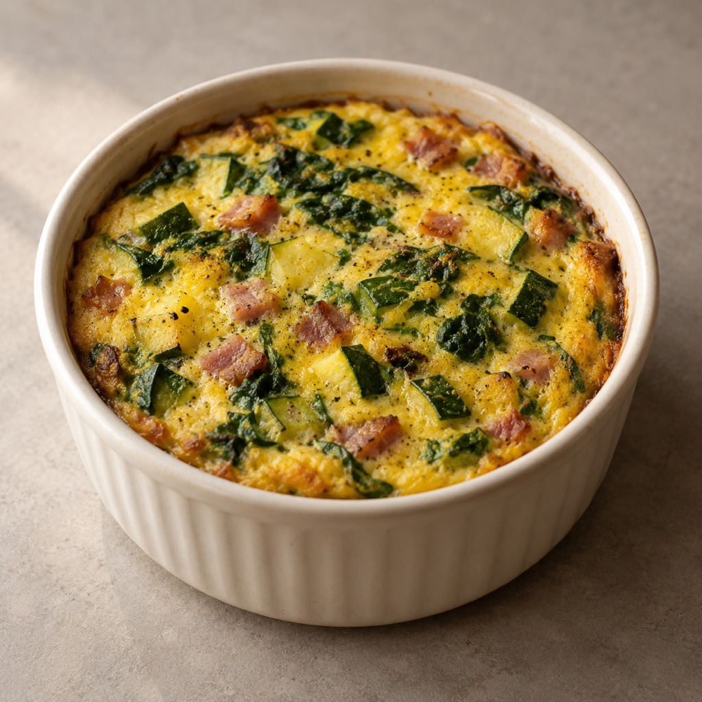 Sformato di uova con zucchine, spinaci e pancetta — Illustrazione generata con IA per MyTrela. Proposta di presentazione.