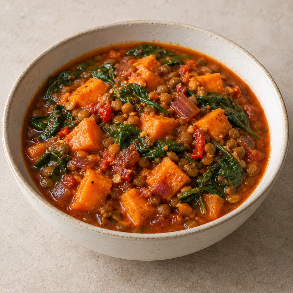 Lenticchie con patata dolce e spinaci nel brodo al pomodoro — Illustrazione generata con IA per MyTrela. Proposta di presentazione.