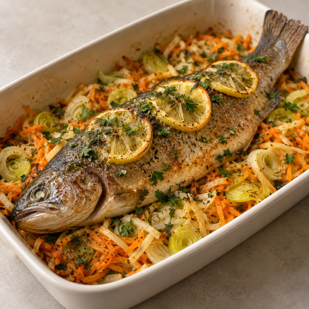 Trota con ortaggi a radice al forno e limone — Illustrazione generata con IA per MyTrela. Proposta di presentazione.