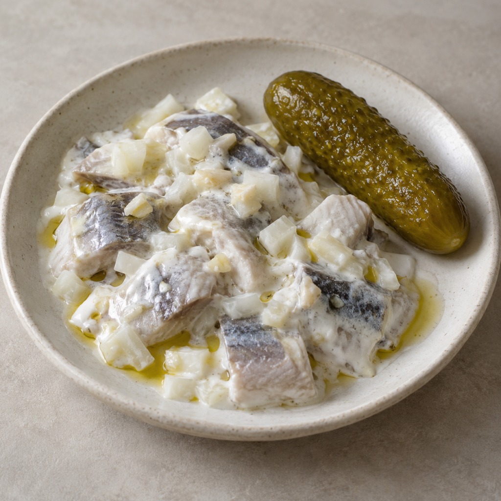 Aringa marinata in salsa allo yogurt e aglio — Illustrazione generata con IA per MyTrela. Proposta di presentazione.