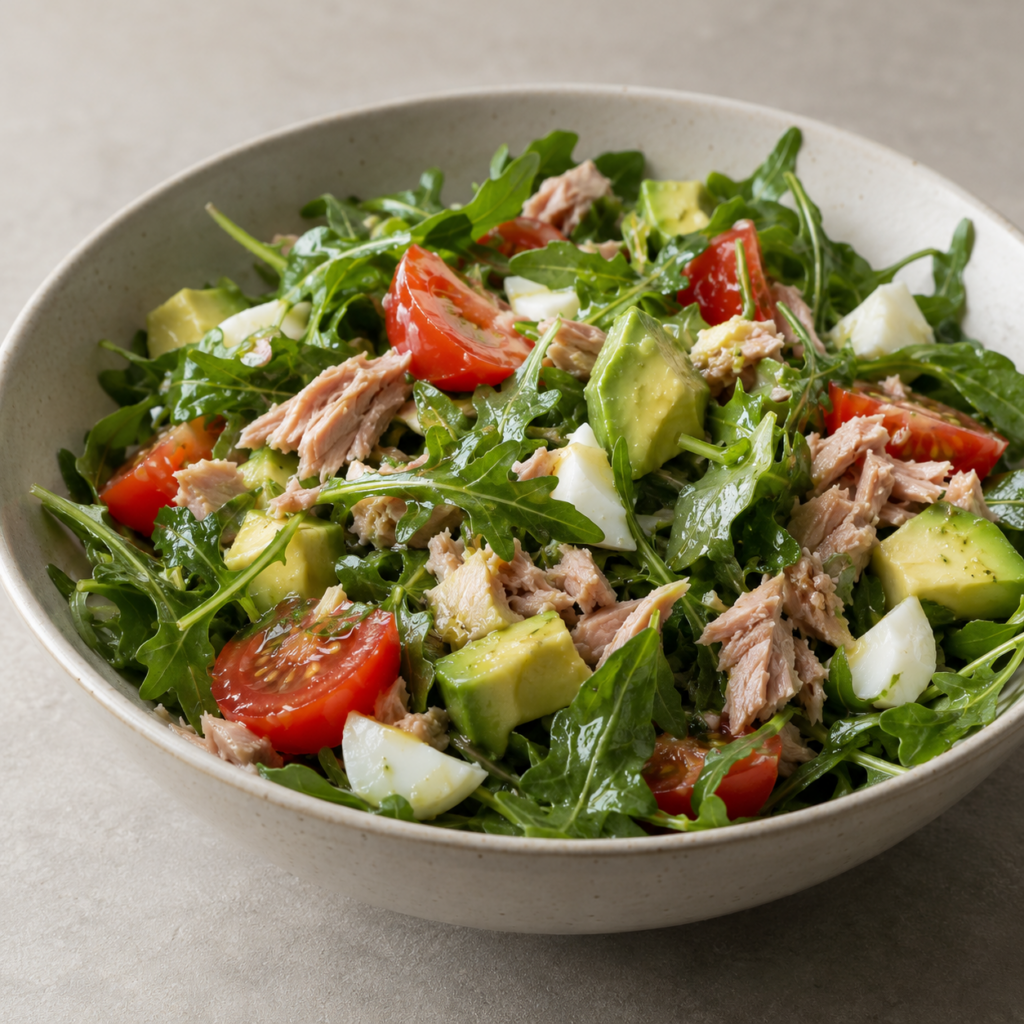 Insalata di tonno, rucola, avocado e uovo — Illustrazione generata con IA per MyTrela. Proposta di presentazione.