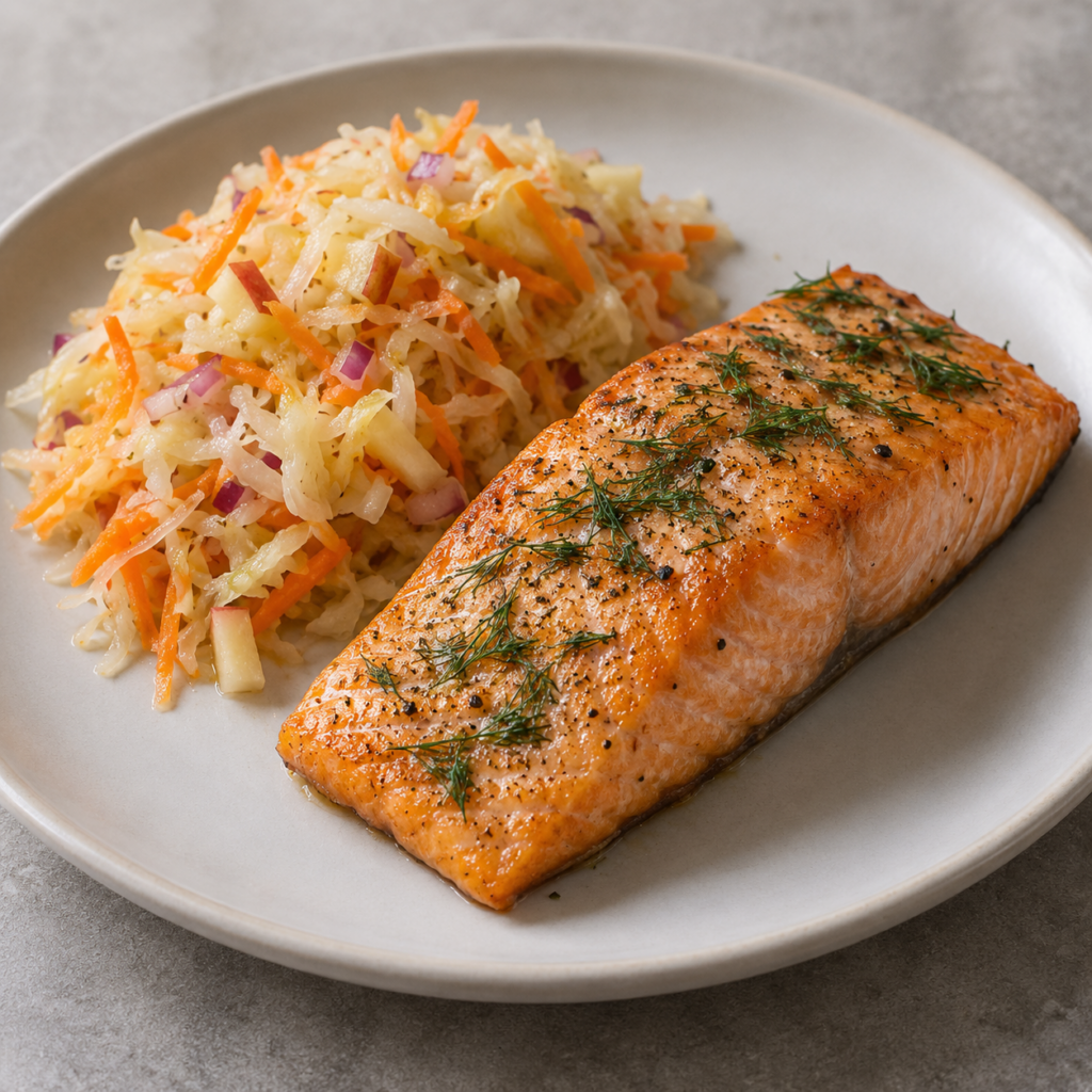 Salmone al forno con insalata di crauti e mela — Illustrazione generata con IA per MyTrela. Proposta di presentazione.