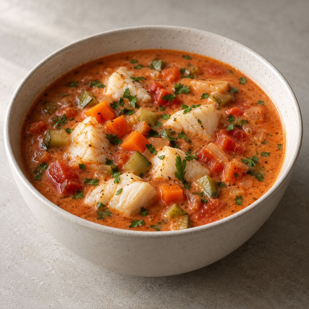 Zuppa di merluzzo, ortaggi e crema di cocco — Illustrazione generata con IA per MyTrela. Proposta di presentazione.