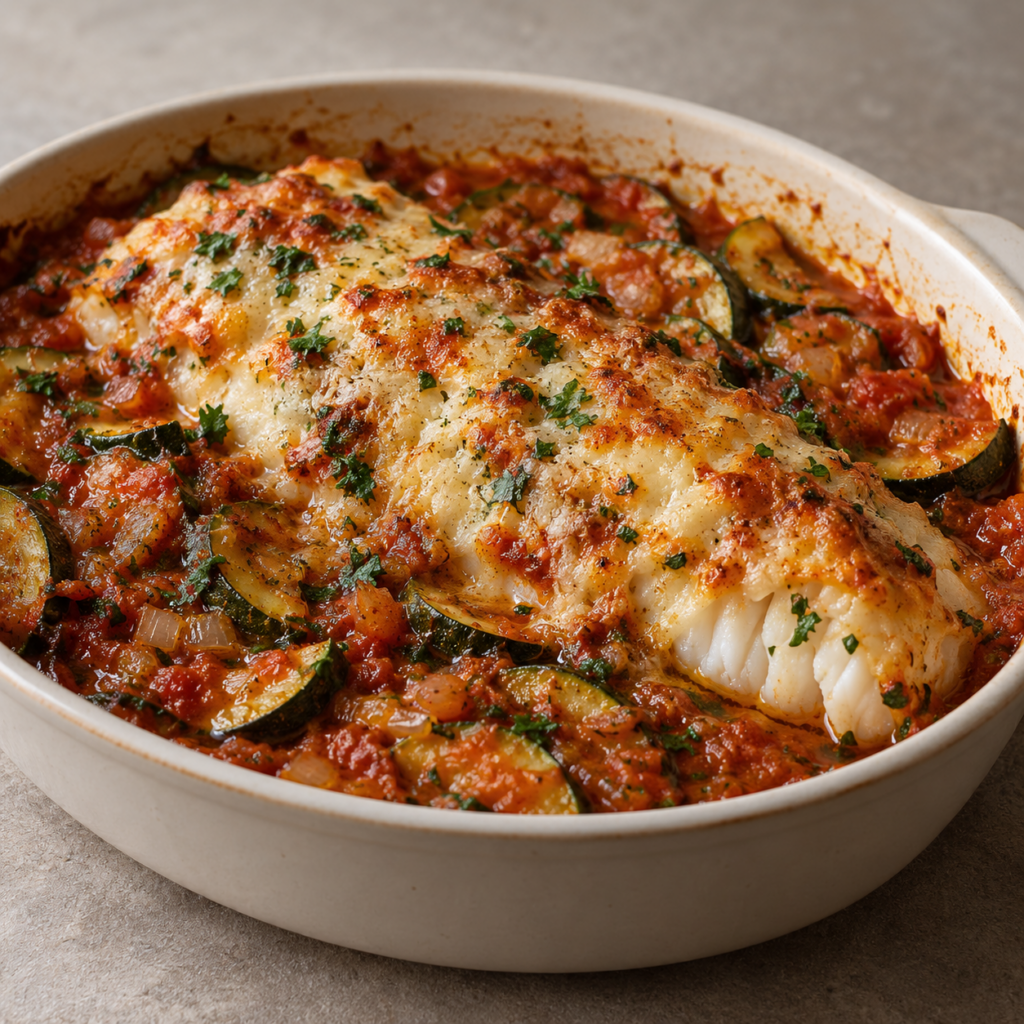 Lucioperca con zucchine e formaggio caprino gratinato — Illustrazione generata con IA per MyTrela. Proposta di presentazione.