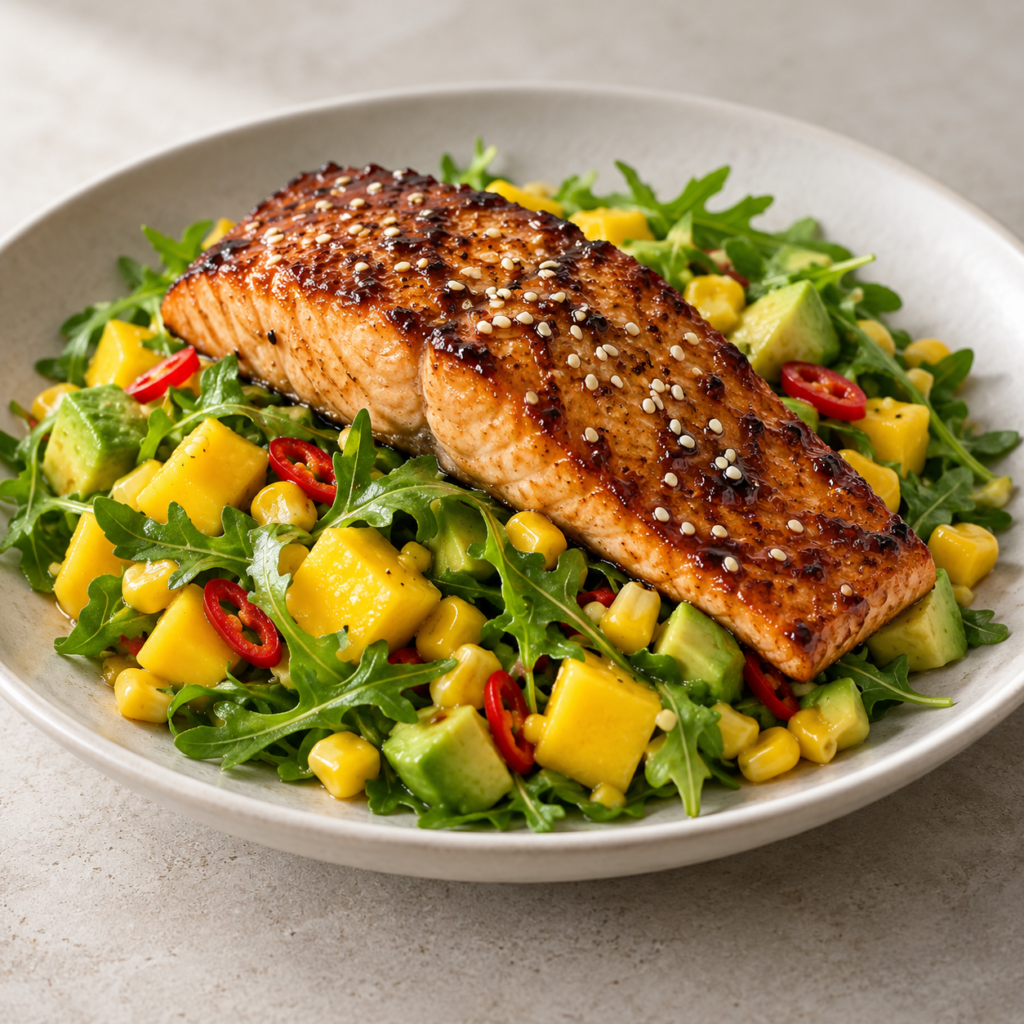 Salmone grigliato con mango, avocado e salsa di soia e zenzero — Illustrazione generata con IA per MyTrela. Proposta di presentazione.
