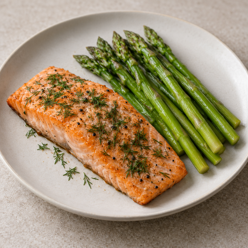 Salmone con aneto e asparagi lessati — Illustrazione generata con IA per MyTrela. Proposta di presentazione.