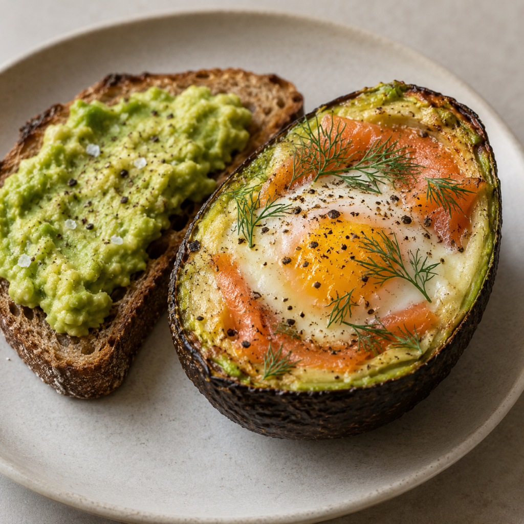Avocat au four avec œuf et saumon — Illustration générée par IA pour MyTrela. Suggestion de présentation.