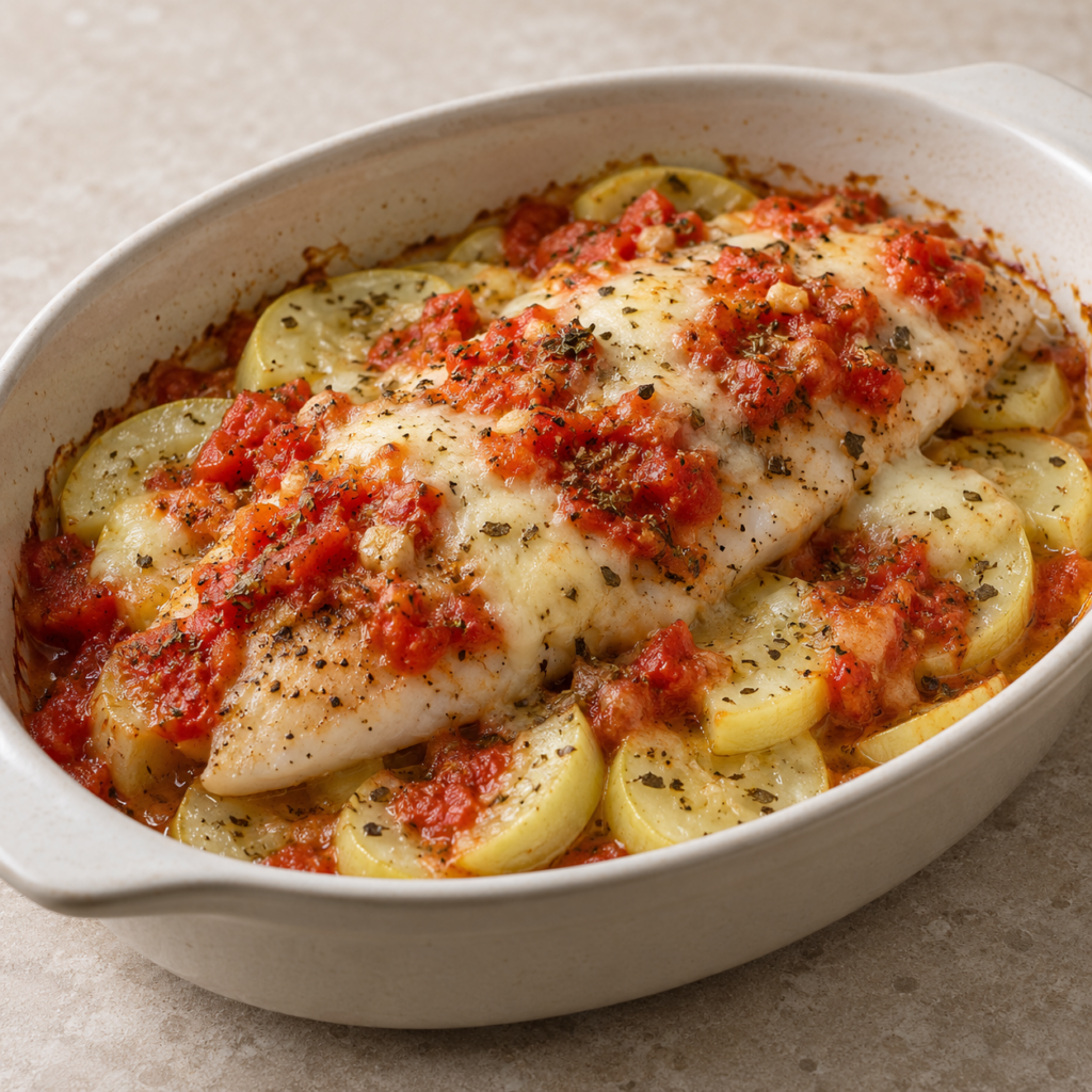 Sogliola con zucchine, mozzarella e pomodori all'aglio — Illustrazione generata con IA per MyTrela. Proposta di presentazione.