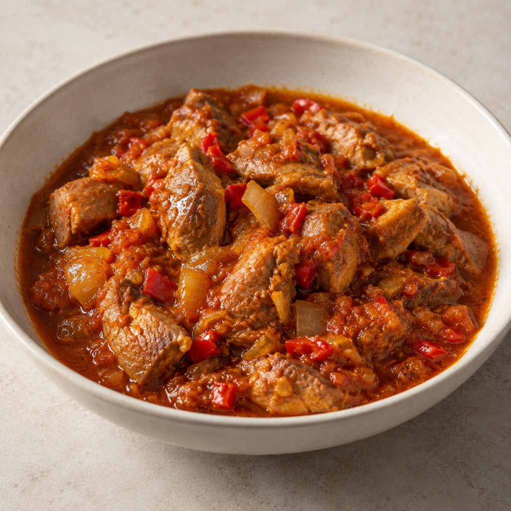Canard mijoté au gingembre, piment et curry de tomate — Illustration générée par IA pour MyTrela. Suggestion de présentation.