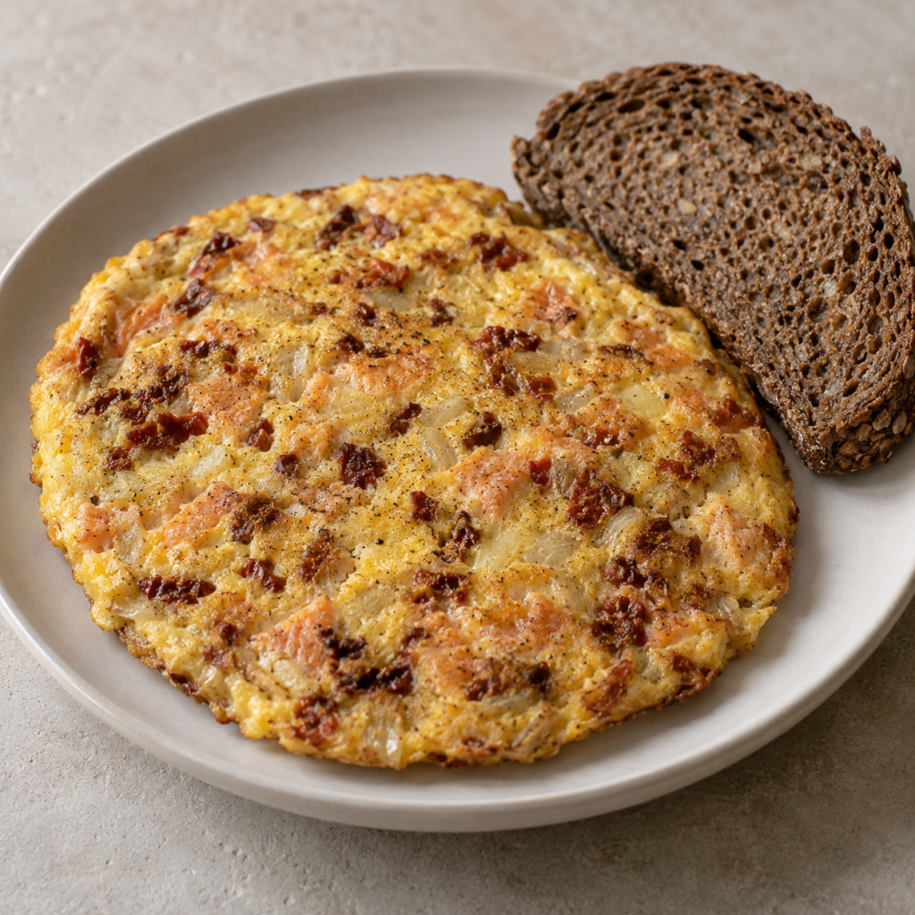 Omelette au saumon fumé et aux tomates séchées — Illustration générée par IA pour MyTrela. Suggestion de présentation.