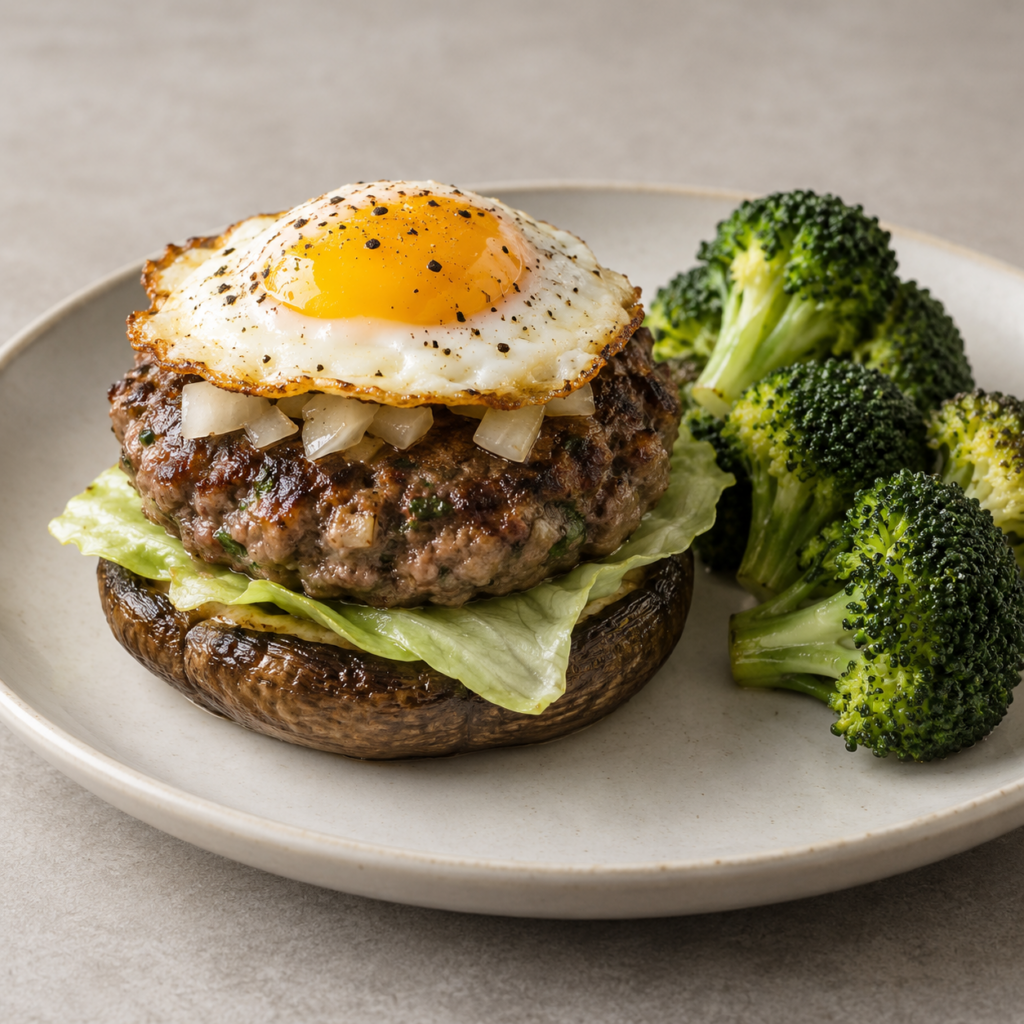 Burger sur portobello avec œuf et brocoli — Illustration générée par IA pour MyTrela. Suggestion de présentation.
