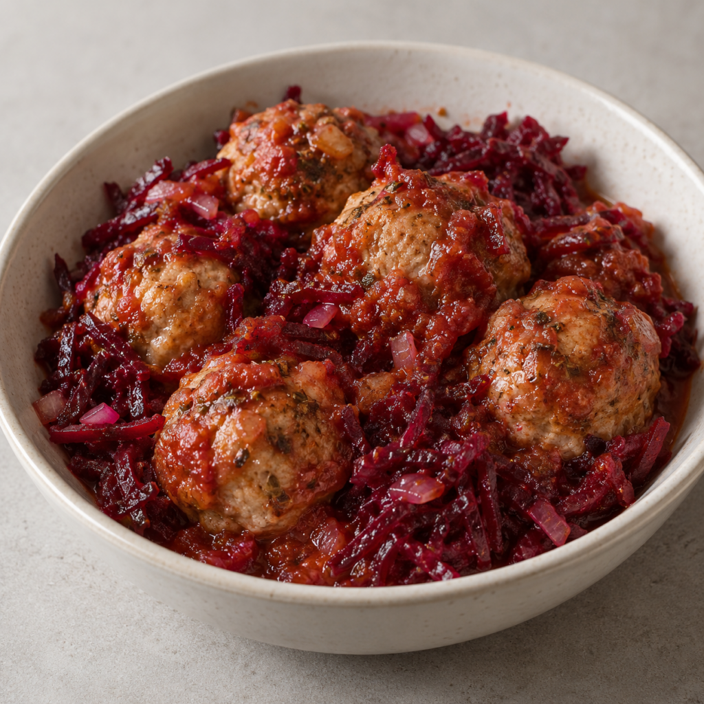 Boulettes de dinde à la sauce tomate et betteraves râpées — Illustration générée par IA pour MyTrela. Suggestion de présentation.