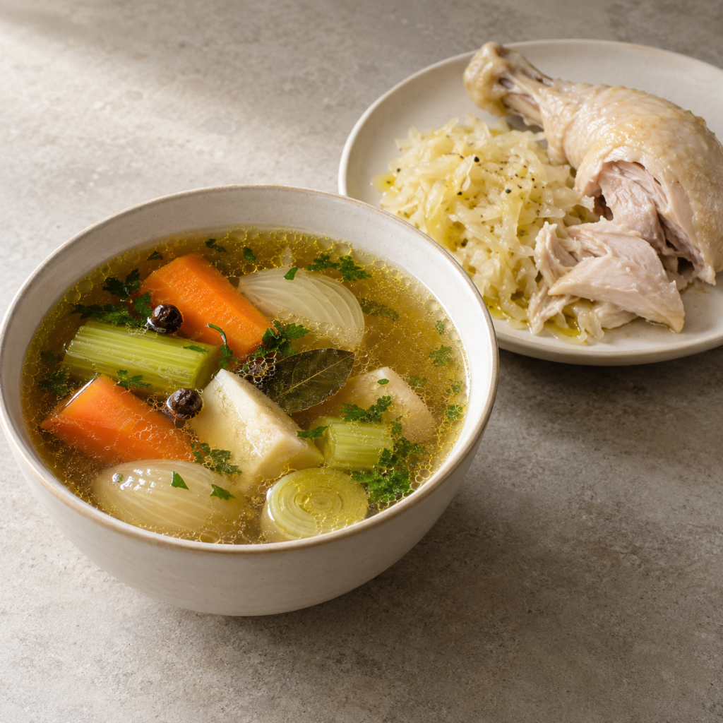 Brodo di pollo con ortaggi, servito con crauti — Illustrazione generata con IA per MyTrela. Proposta di presentazione.