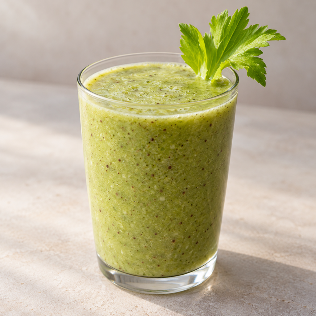 Smoothie de céleri, pomme et kiwi au sirop d'érable — Illustration générée par IA pour MyTrela. Suggestion de présentation.
