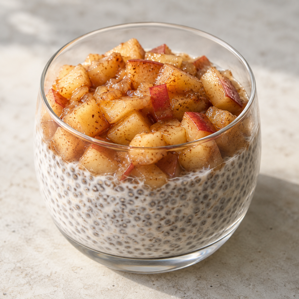 Budino di chia al cocco con mele e cannella — Illustrazione generata con IA per MyTrela. Proposta di presentazione.