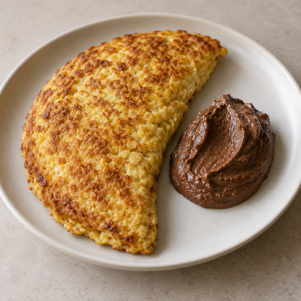 Omelette aux flocons de millet et crème d'avocat au cacao — Illustration générée par IA pour MyTrela. Suggestion de présentation.