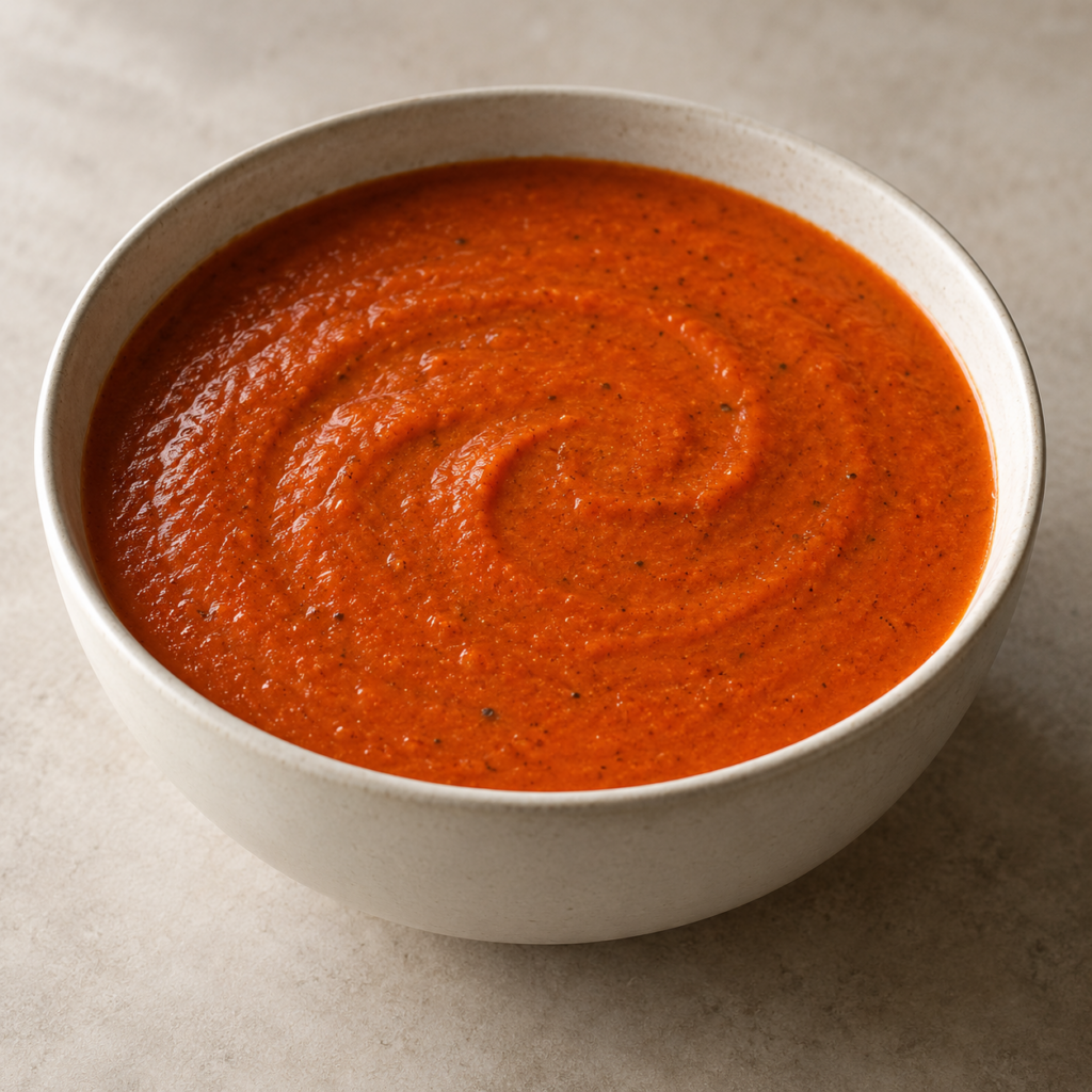 Cremesuppe aus gebackener Paprika mit Rosmarin und Kokosmilch — KI-generierte Illustration für MyTrela. Serviervorschlag.