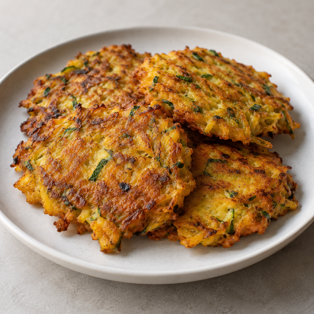 Galettes de courge et de courgette à la farine de coco et à la ciboulette — Illustration générée par IA pour MyTrela. Suggestion de présentation.