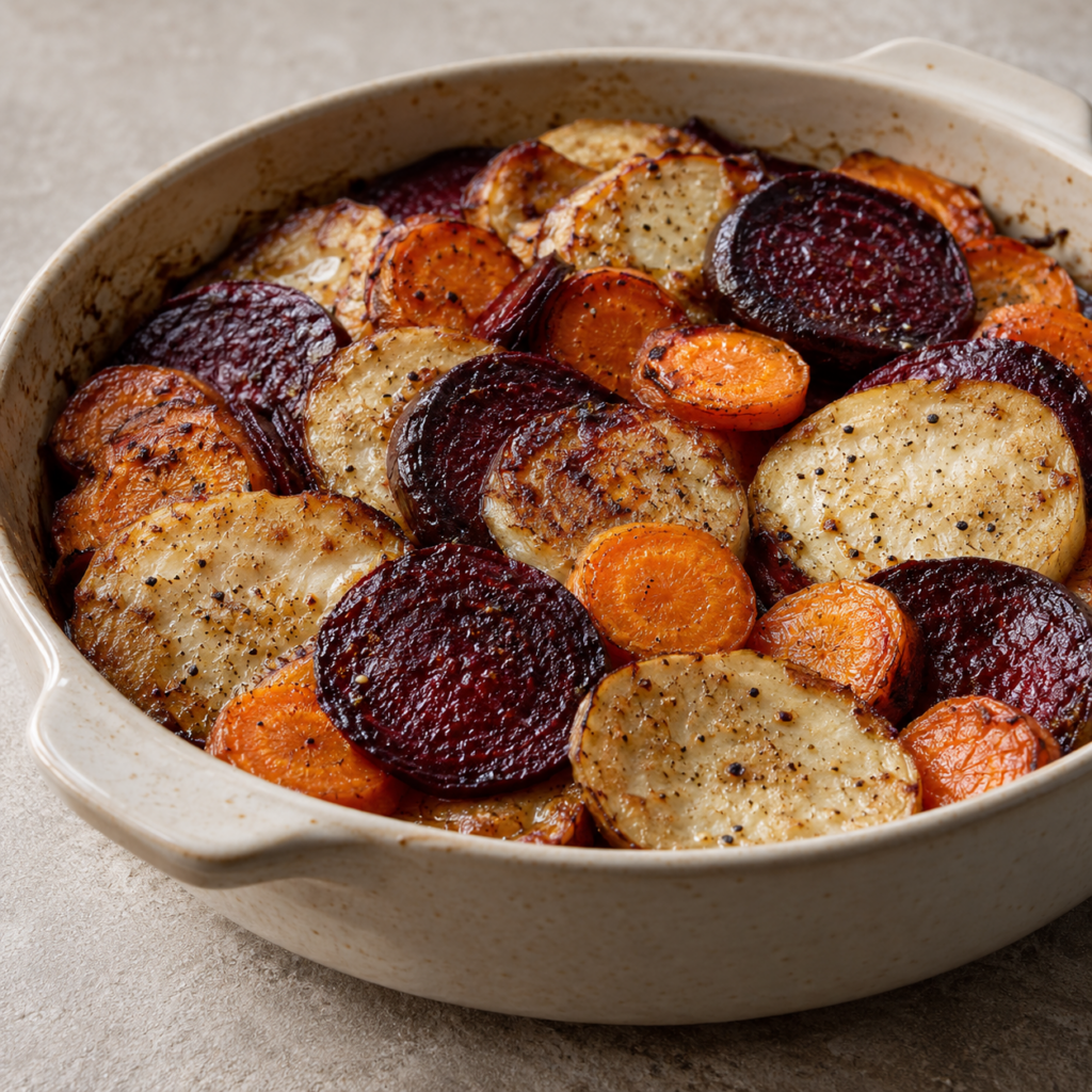 Rondelle al forno di barbabietola, carota, sedano rapa e radice di prezzemolo — Illustrazione generata con IA per MyTrela. Proposta di presentazione.