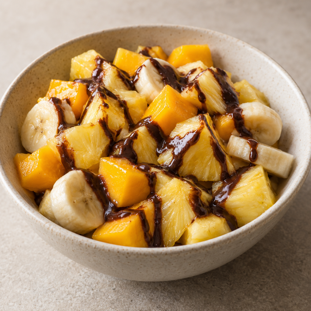Ananas, banana e mango con salsa al cacao — Illustrazione generata con IA per MyTrela. Proposta di presentazione.