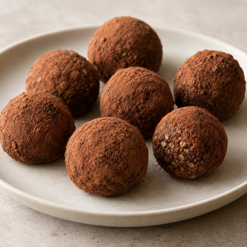 Palline di datteri con sesamo, tahina e cacao — Illustrazione generata con IA per MyTrela. Proposta di presentazione.