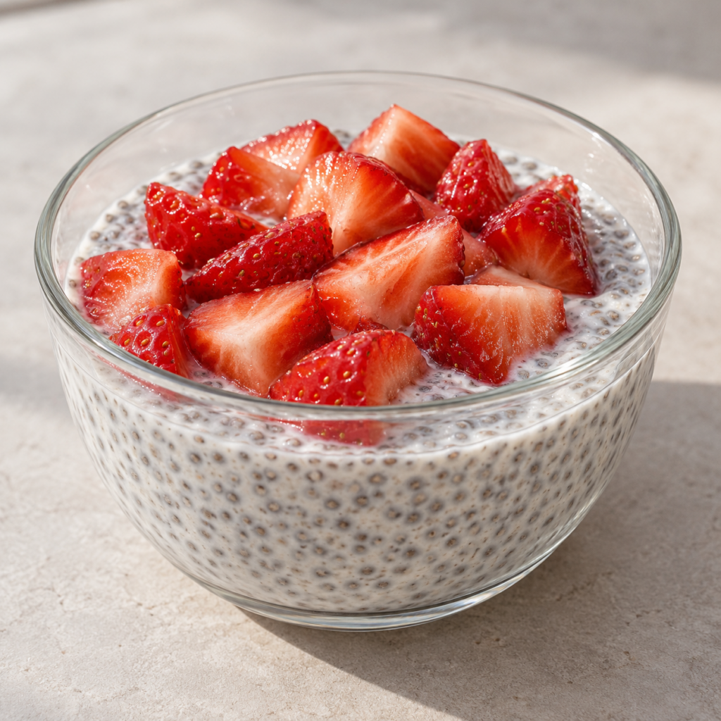 Chia al cocco con fragole — Illustrazione generata con IA per MyTrela. Proposta di presentazione.