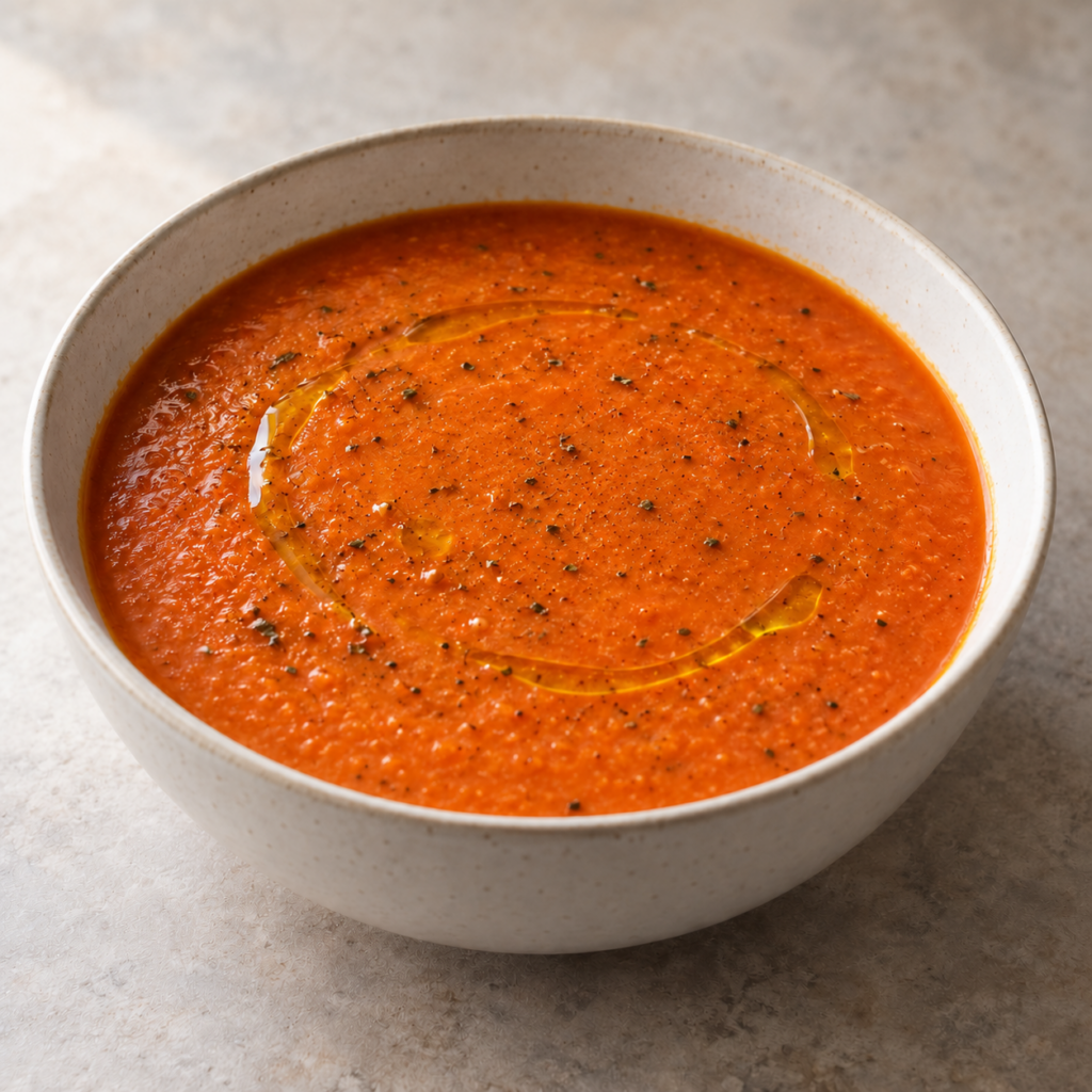 Vellutata di pomodoro frullata con ortaggi e olio d'oliva — Illustrazione generata con IA per MyTrela. Proposta di presentazione.