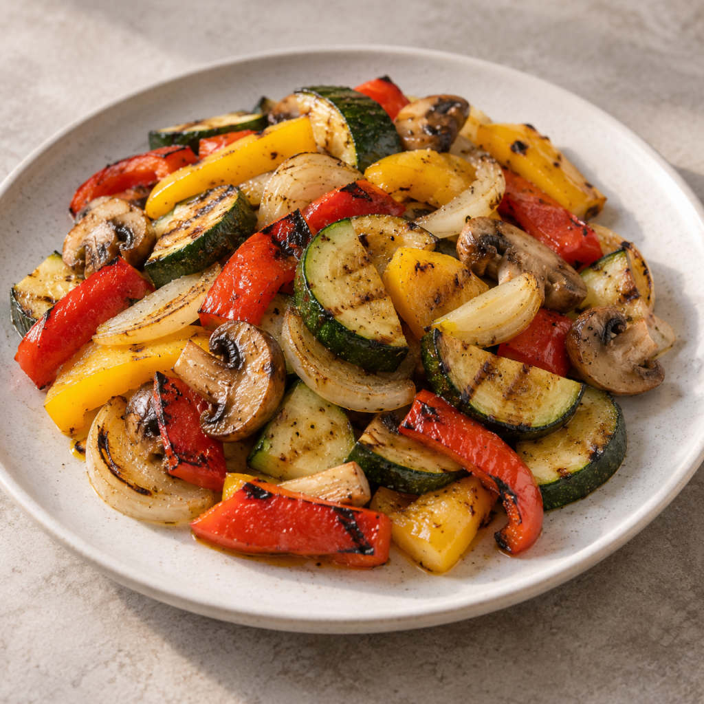 Courgette, champignons et poivrons grillés — Illustration générée par IA pour MyTrela. Suggestion de présentation.