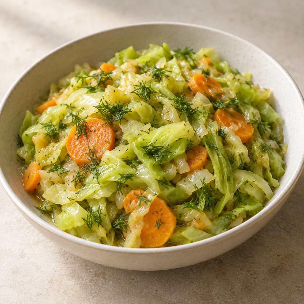Cavolo cappuccio giovane stufato con carota e aneto — Illustrazione generata con IA per MyTrela. Proposta di presentazione.